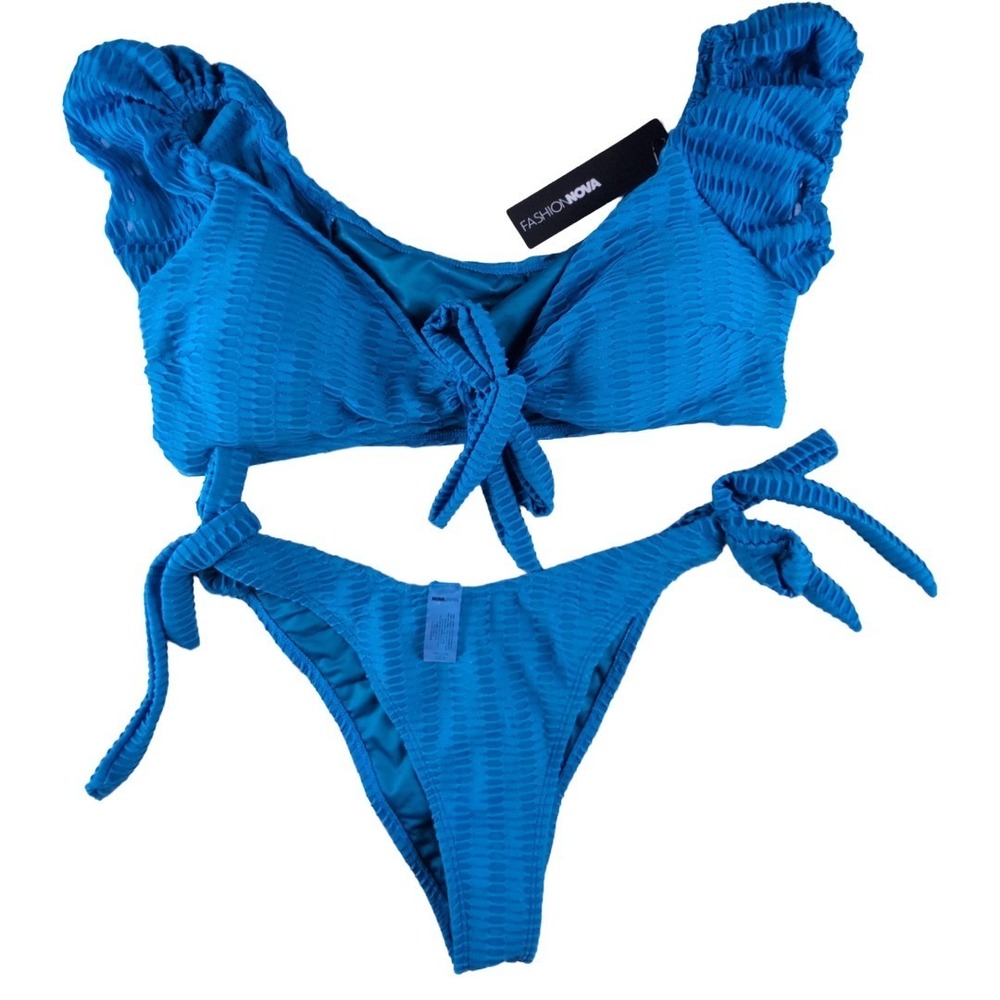 Fashion Nova Elisa Ruffle Textured Tie‎ Front 2 Piece Bikini Blue Large Nwt